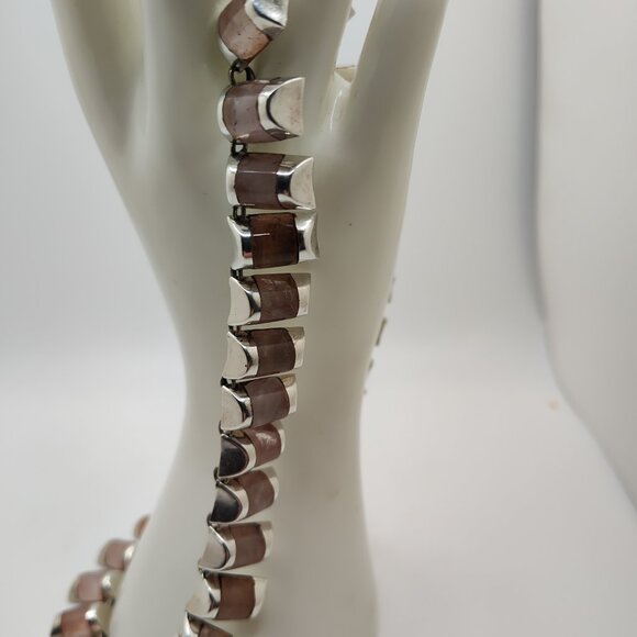 Vintage Sterling By Laura:   Sterling Tile and Moonstone Collar Necklace 14" - Picture 2 of 16